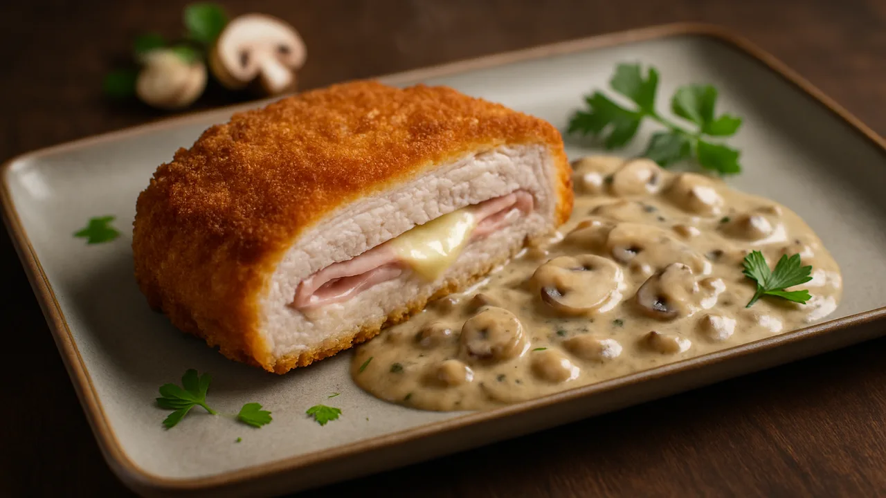 Cordon Bleu vom Schwein mit Champignonrahm aus dem Airfryer mit Schweinekotelett und Kochschinken, auf dunklem Walnussholz …