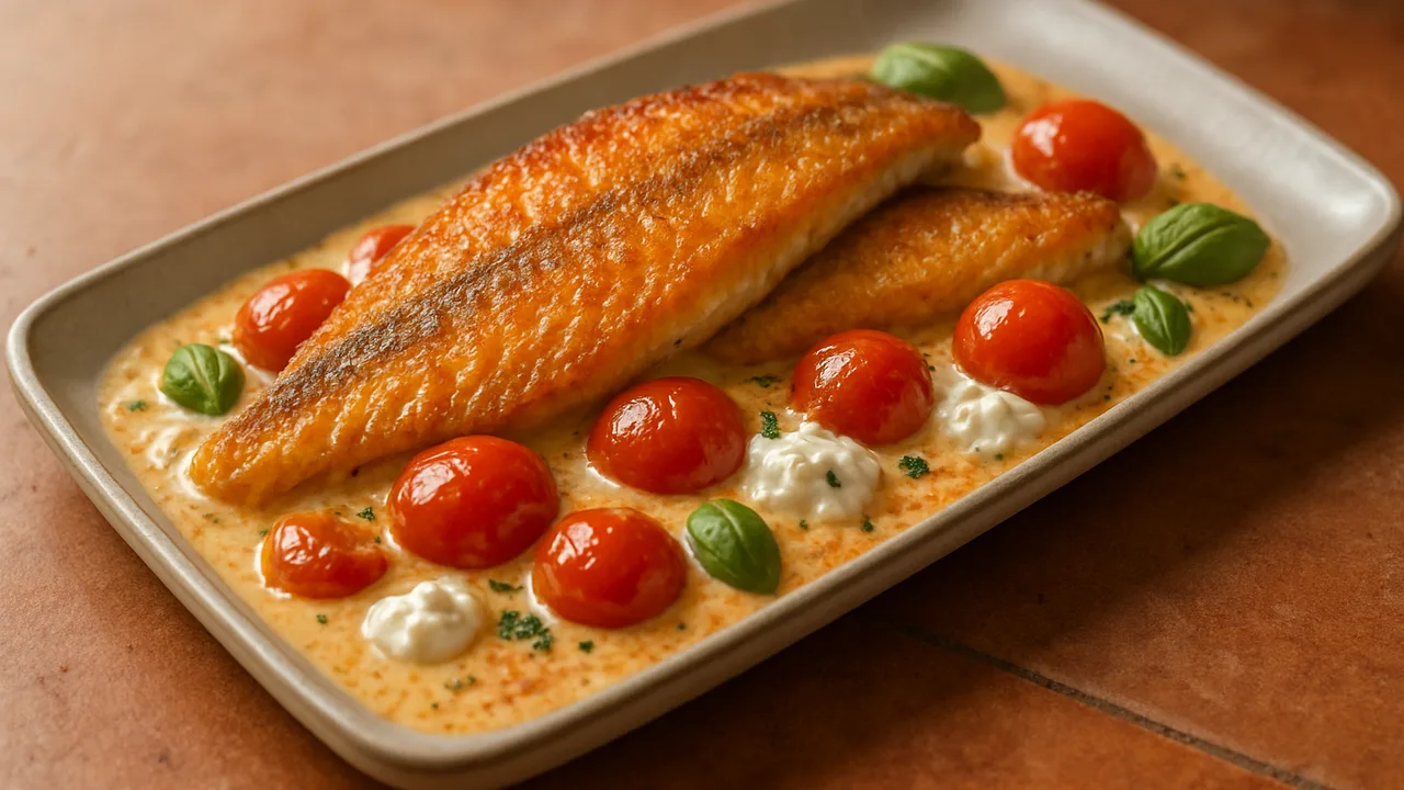 Cremig Forelle-Tomate-Schale aus dem Airfryer mit Forellenfilets und Kirschtomaten, auf Terracotta-Fliesen angerichtet.