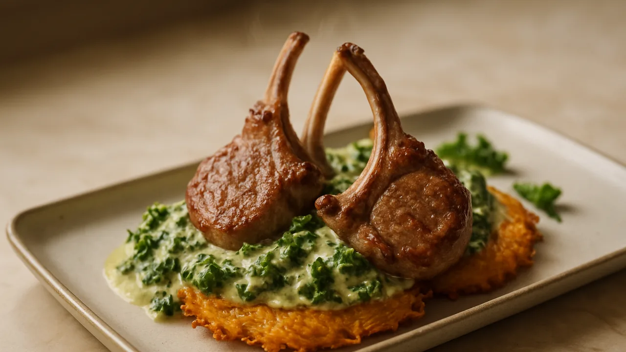 Cremig Grünkohl-Lammkotelett-Röstchen aus dem Airfryer mit Lammkoteletts und Grünkohl, auf beigem Marmor angerichtet.