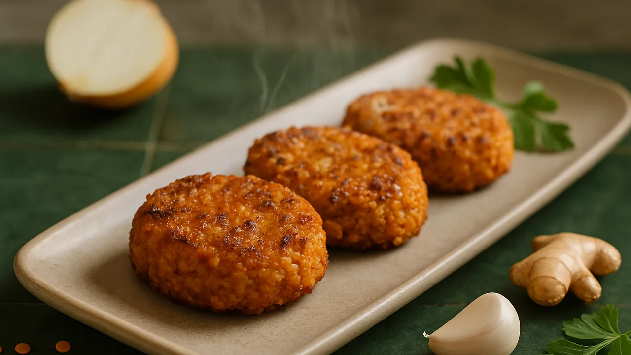 Cremig Ingwer-Linsen-Röstchen aus dem Airfryer mit rote Linsen und Zwiebel, auf dunkelgrünen Fliesen angerichtet.