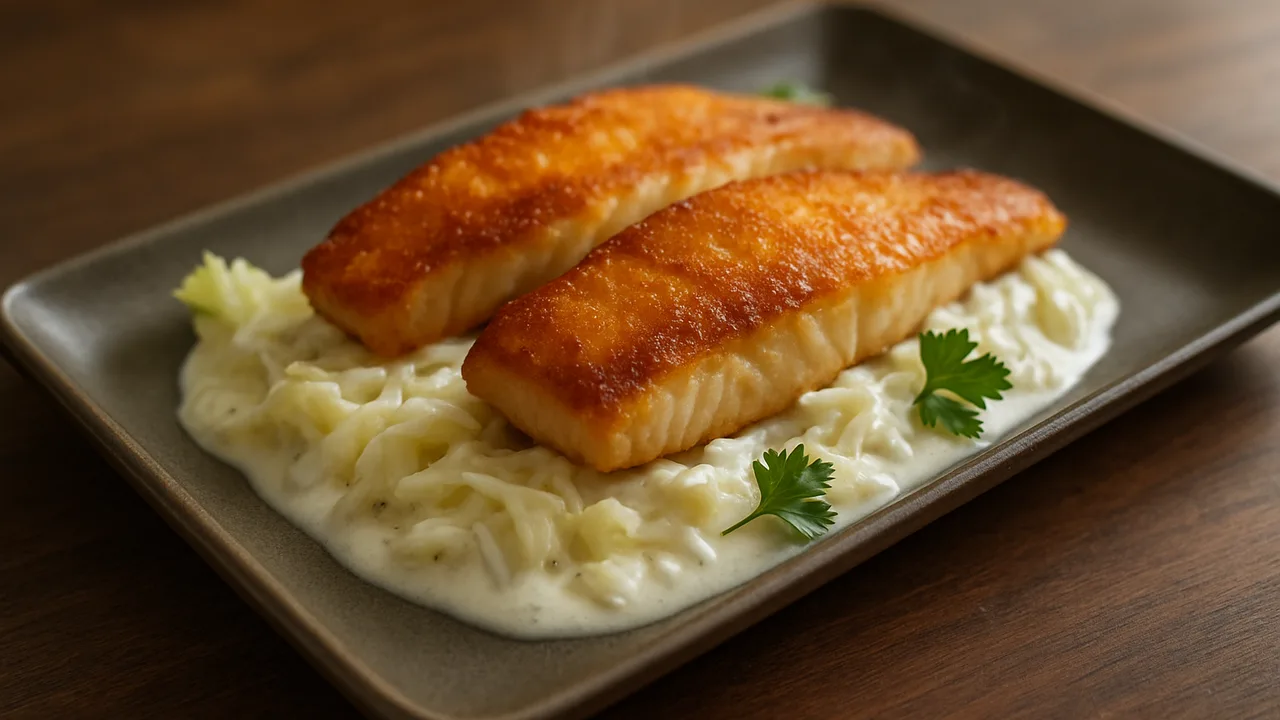 Cremig Rotbarsch mit Weißkohl aus dem Airfryer mit Rotbarschfilets und Weißkohl, auf dunklem Walnussholz angerichtet.