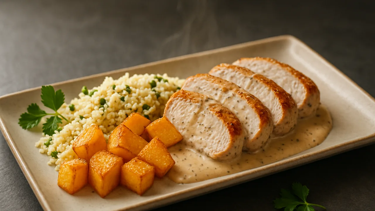 Cremig Schweinefilet Bowl mit Couscous und Steckrübe aus dem Airfryer mit Schweinefilet und Steckrübe, auf dunklem Schiefer …