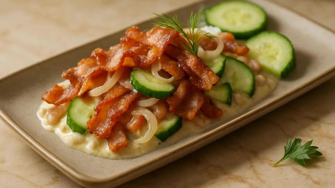 Cremig Speck mit Gurke aus dem Airfryer mit Speck und Gurke, auf beigem Marmor angerichtet.