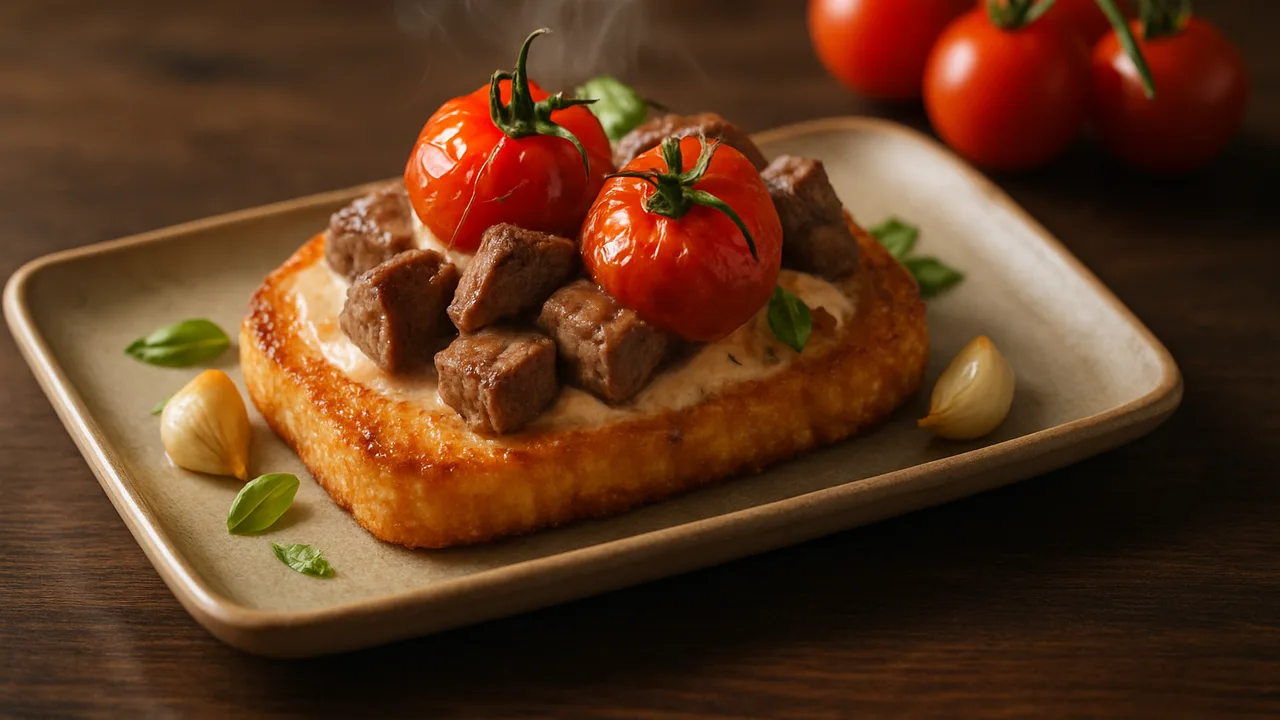 Cremig Tomate-Rinderfilet-Röstchen aus dem Airfryer mit Rinderfilet und Rispentomaten, auf dunklem Walnussholz angerichtet.