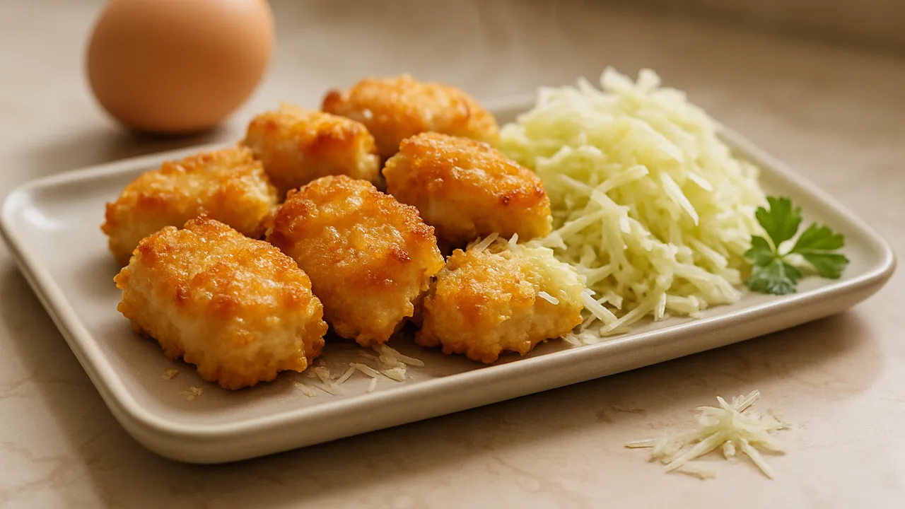 Cremige Hähnchenbrust-Nuggets mit Chinakohl aus dem Airfryer mit Hähnchenbrust und Ei, auf beigem Marmor angerichtet.