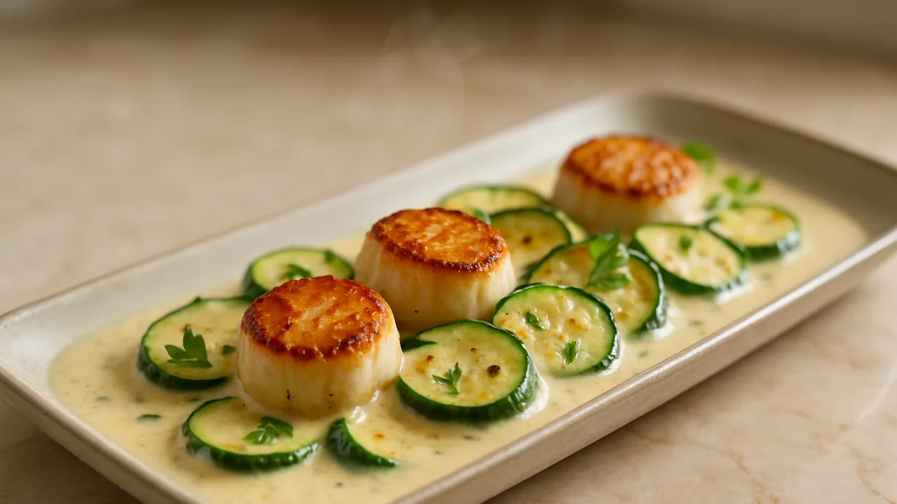 Cremige Jakobsmuscheln mit Zucchini aus dem Airfryer mit Jakobsmuscheln und Zucchini, auf beigem Marmor angerichtet.