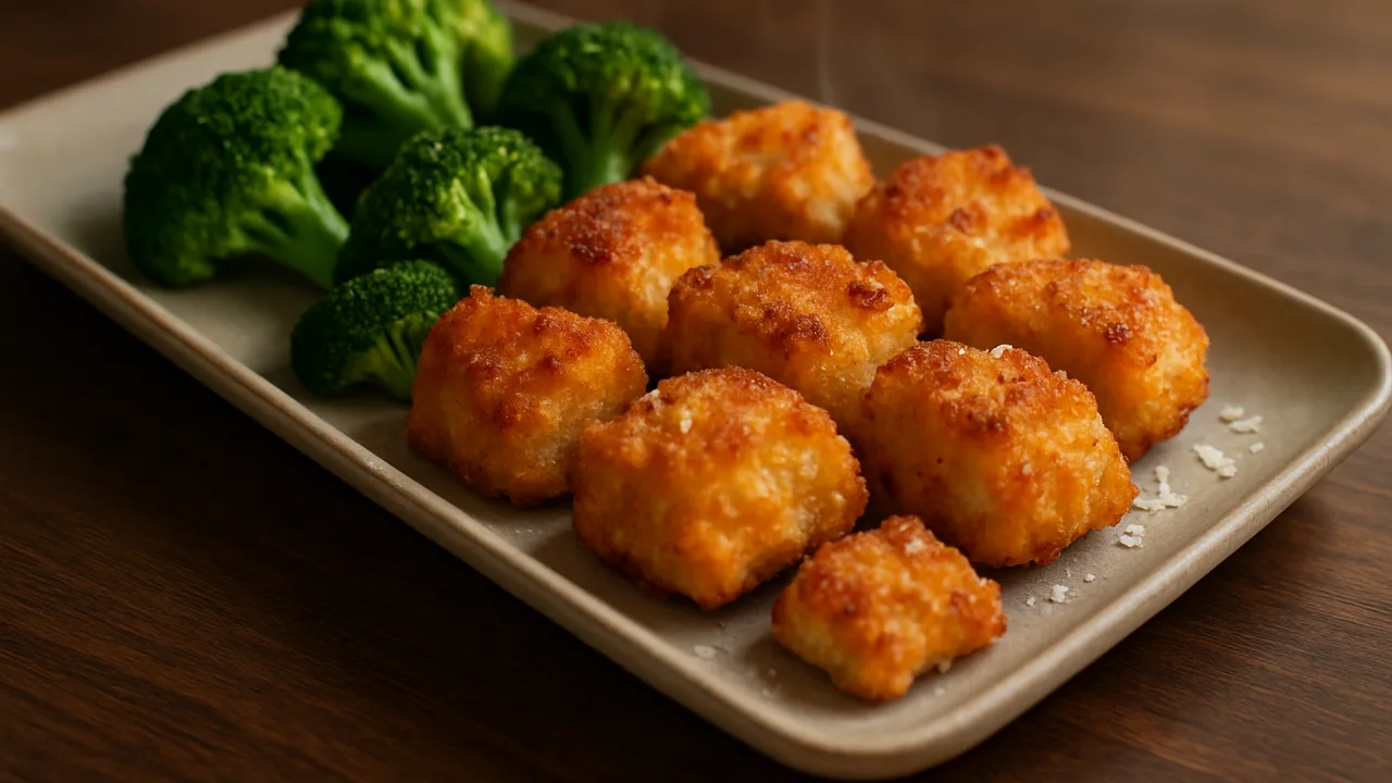 Cremig Kabeljau Nuggets mit Brokkoli aus dem Airfryer mit Kabeljaufilet und Ei, auf dunklem Walnussholz angerichtet.