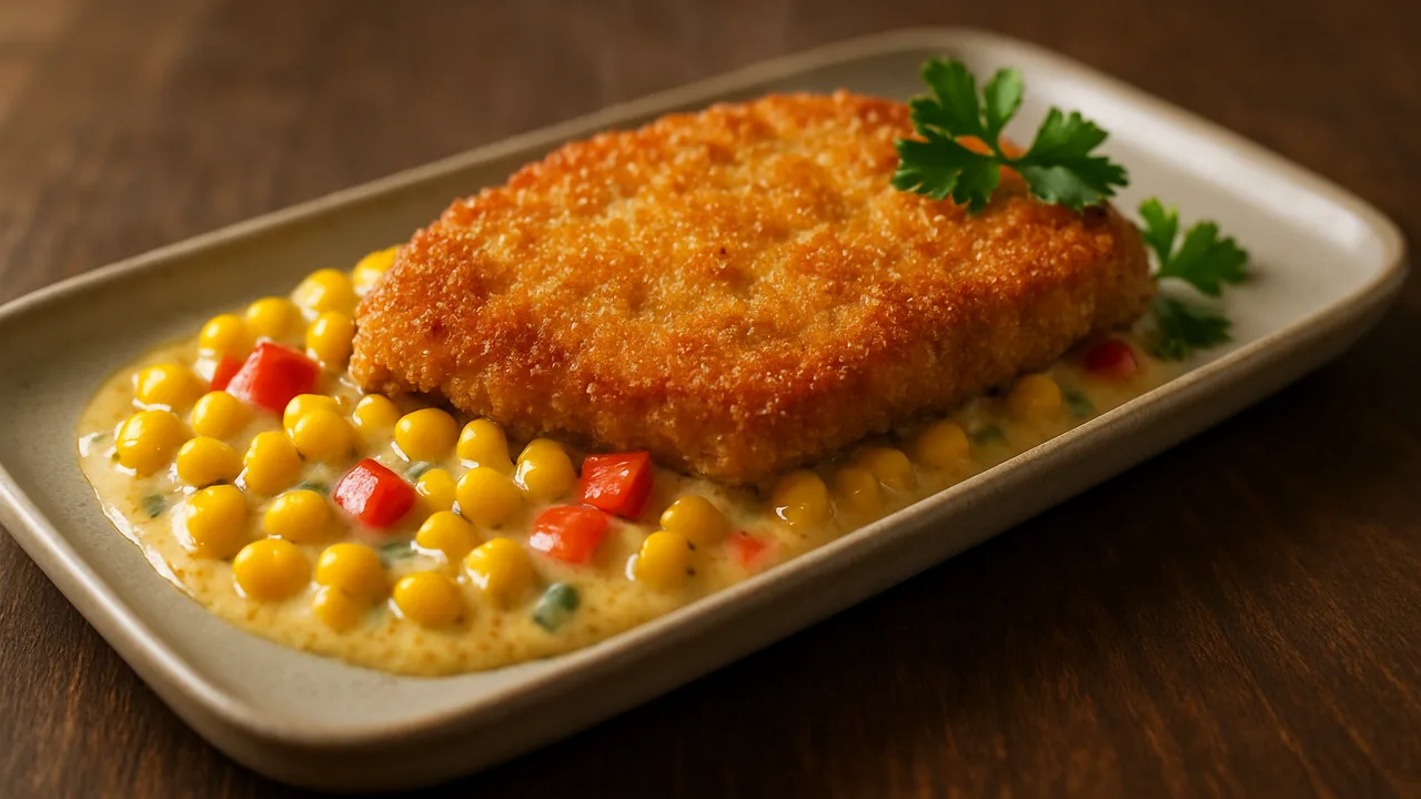 Cremige Kalbsschnitzel-Mais-Schale aus dem Airfryer mit Kalbsschnitzel und Mais, auf dunklem Walnussholz angerichtet.