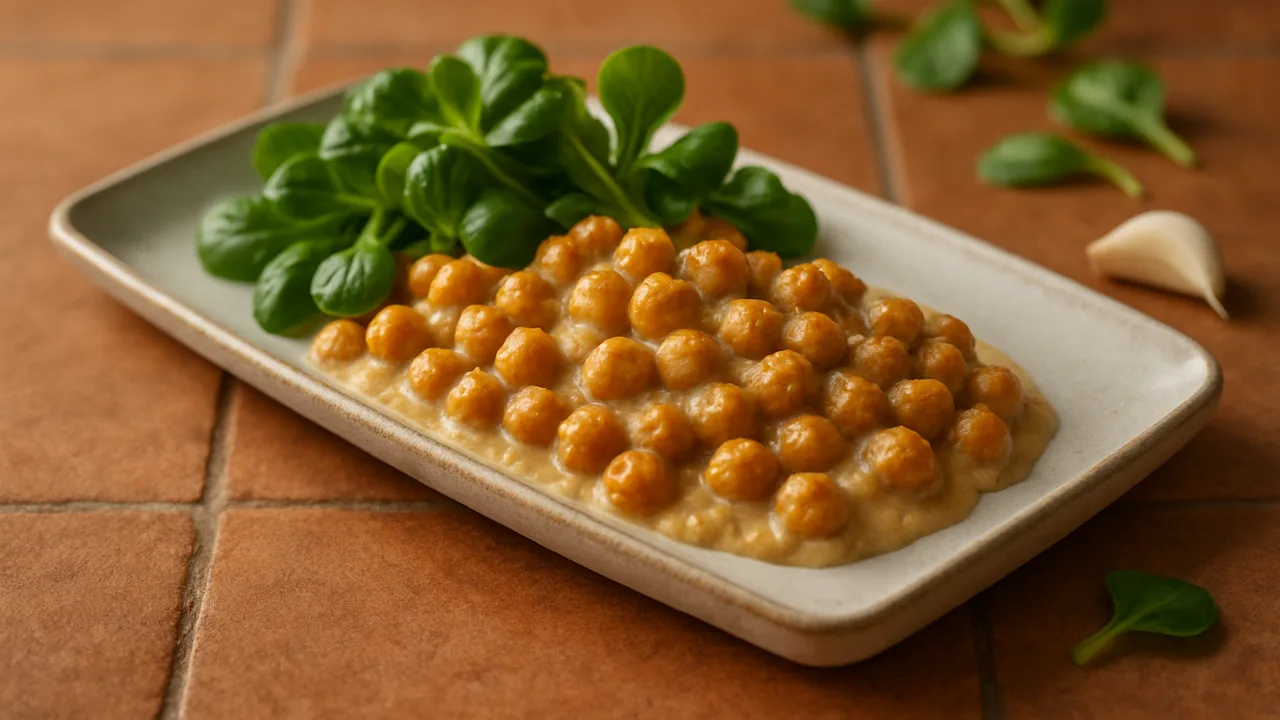 Cremige Kichererbsen mit Feldsalat aus dem Airfryer mit Kichererbsen und Knoblauchzehe, auf Terracotta-Fliesen angerichtet.