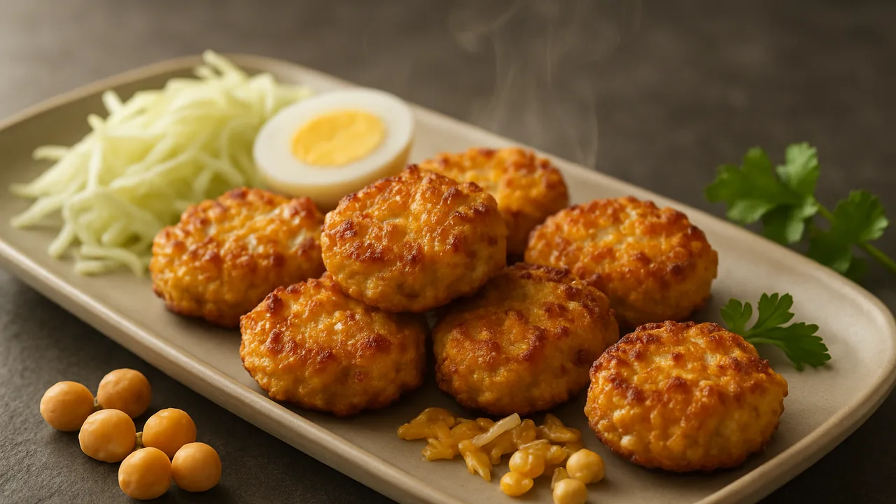 Cremig Kichererbsen Nuggets mit Weißkohl aus dem Airfryer mit Kichererbsen und Ei, auf dunklem Schiefer angerichtet.