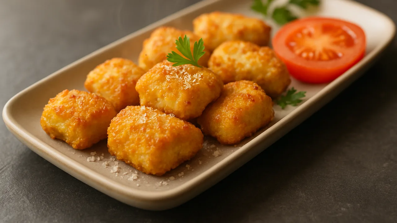Cremige Putenbrust Nuggets mit Tomate aus dem Airfryer mit Putenbrust und Ei, auf dunklem Schiefer angerichtet.