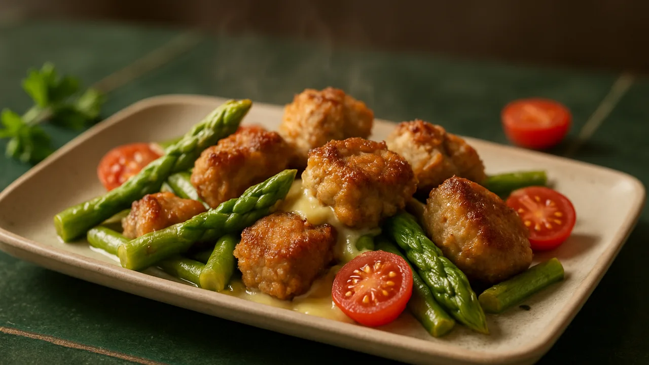 Cremige Rinderfilet-Nuggets mit Spargel aus dem Airfryer mit Rinderfilet und grüner Spargel, auf dunkelgrünen Fliesen …