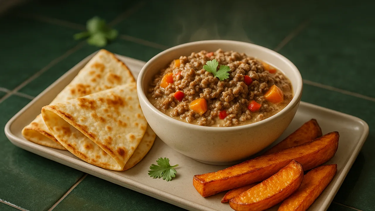 Cremige Rinderhackfleisch Bowl mit Tortilla-Wraps und Süßkartoffel aus dem Airfryer mit Rinderhackfleisch und Süßkartoffel, …