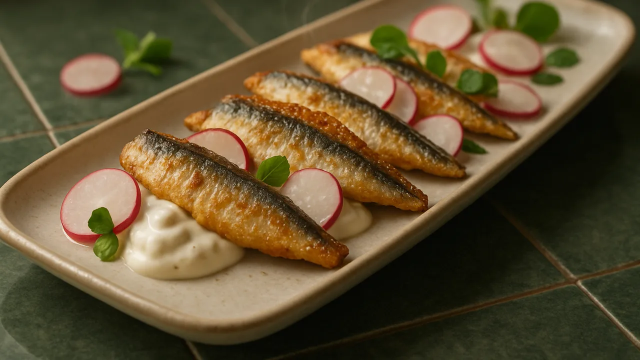 Cremig Sardinen mit Radieschen aus dem Airfryer mit frische Sardinenfilets und Radieschen, auf dunkelgrünen Fliesen …