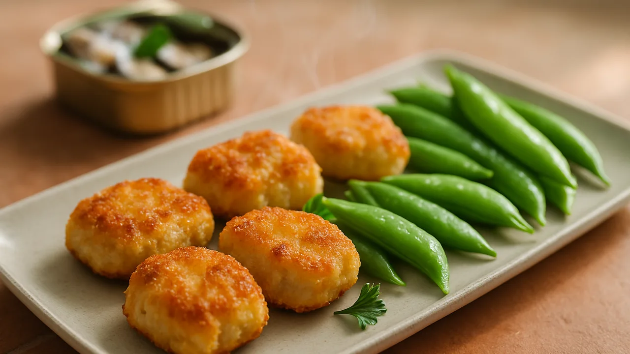 Cremig Sardinen Nuggets mit Zuckerschoten aus dem Airfryer mit Sardinen aus der Dose und Frischkäse, auf Terracotta-Fliesen …
