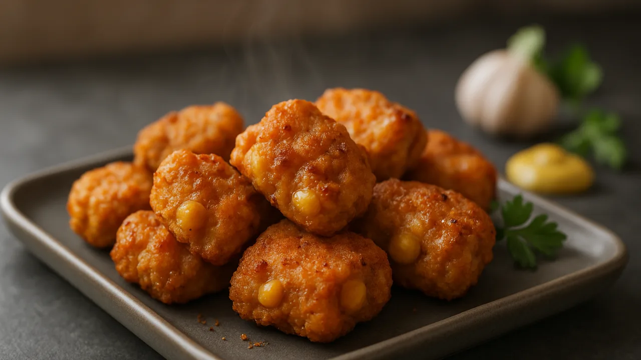 Cremige Seitan Nuggets mit Mais aus dem Airfryer mit Seitan und Knoblauchpulver, auf dunklem Schiefer angerichtet.