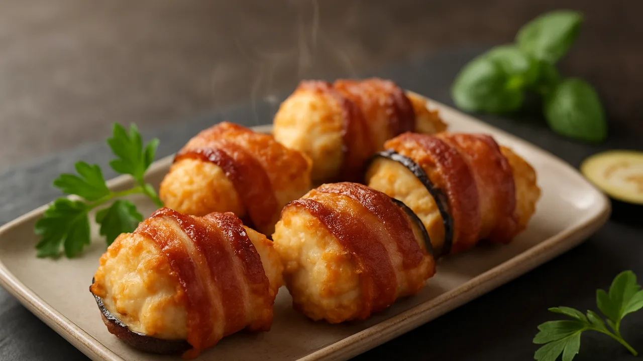 Cremige Speck-Nuggets mit Aubergine aus dem Airfryer mit Hähnchenbrust und Speck, auf dunklem Schiefer angerichtet.