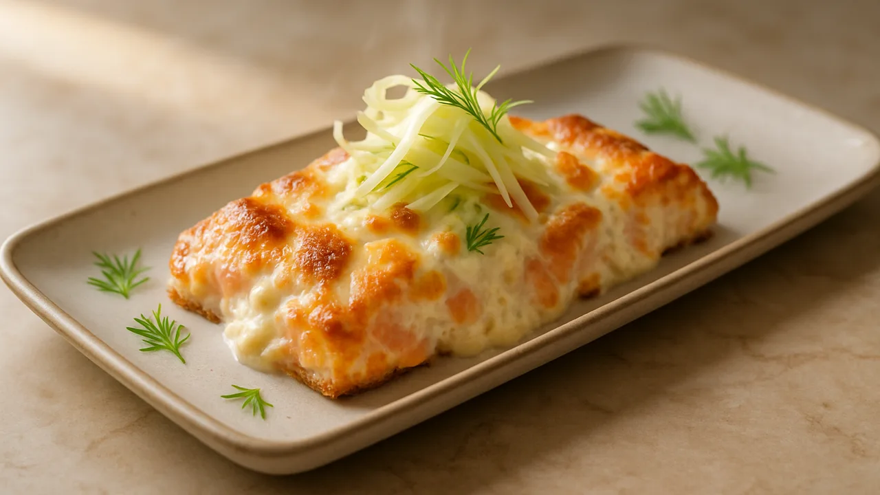 Cremiger Räucherlachs mit Fenchel aus dem Airfryer mit Räucherlachs und Fenchel, auf beigem Marmor angerichtet.