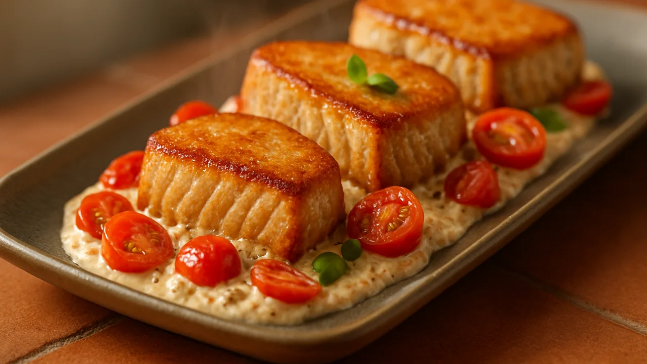 Cremiger Thunfisch mit Tomaten aus dem Airfryer mit Thunfischsteaks und Tomaten, auf Terracotta-Fliesen angerichtet.