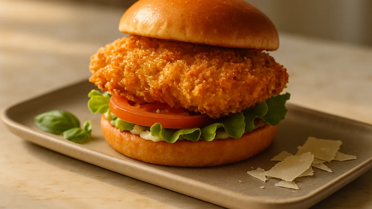 Crispy-Chicken-Burger mit Parmesan-Panade aus dem Airfryer mit Hähnchenbrustfilets und Eier, auf beigem Marmor angerichtet.