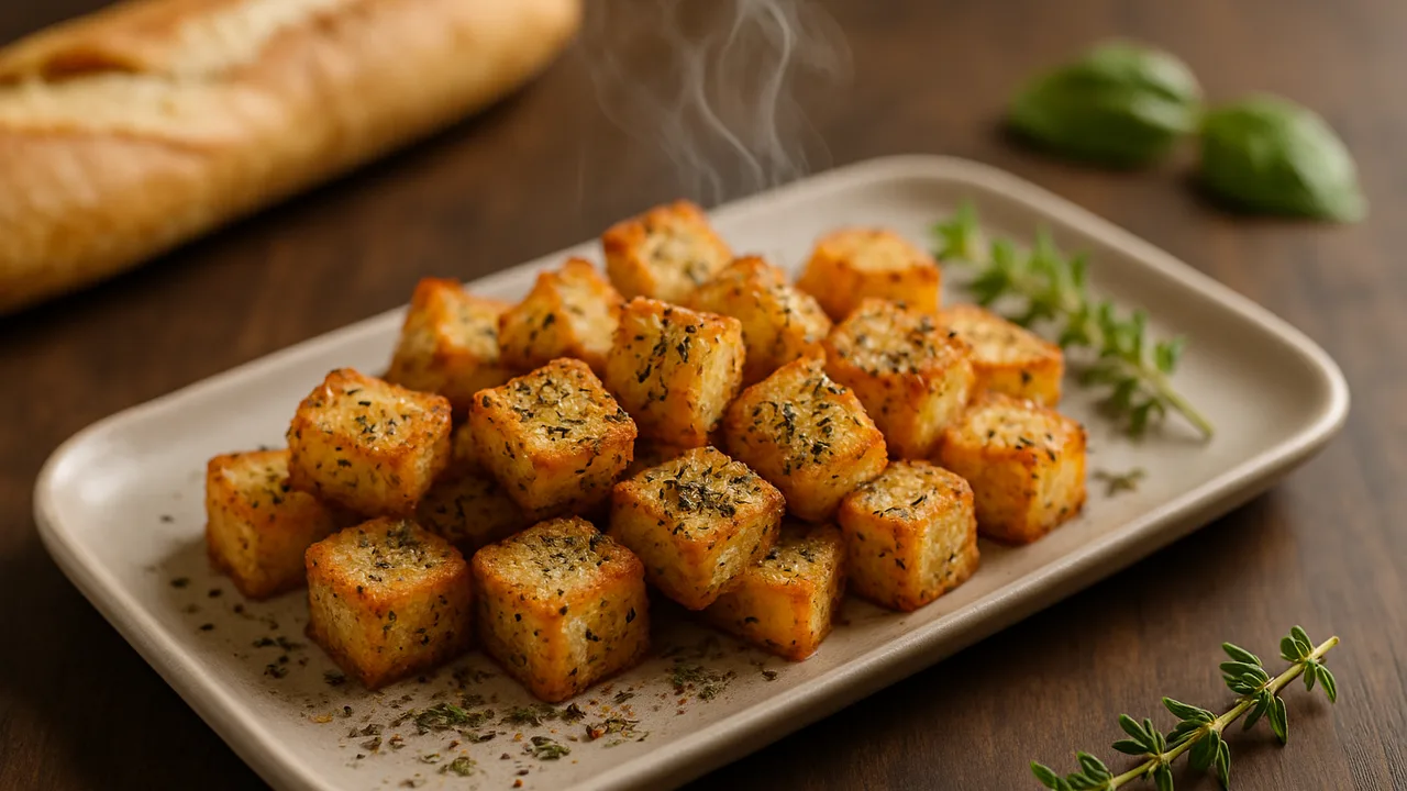 Croutons mit Kräutern der Provence aus dem Airfryer mit Baguette und Kräuter der Provence, auf dunklem Walnussholz …