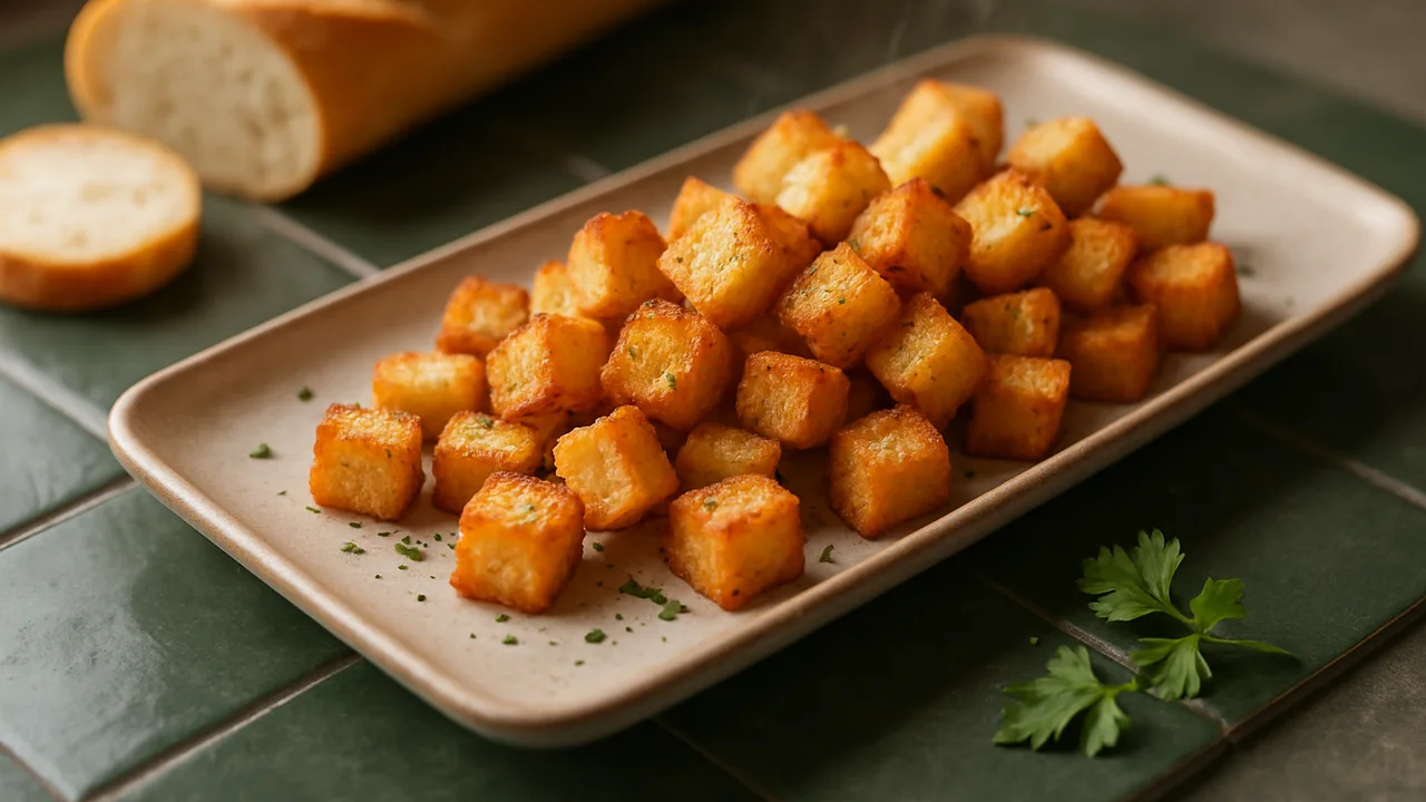 Croutons selber machen aus Baguette aus dem Airfryer mit Baguette, auf dunkelgrünen Fliesen angerichtet.