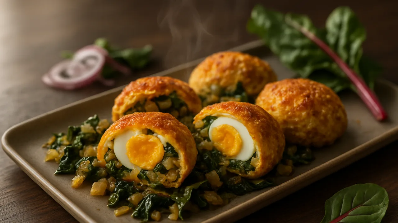 Curry-Ei-Mangold-Schale aus dem Airfryer mit Mangold und Eier, auf dunklem Walnussholz angerichtet.