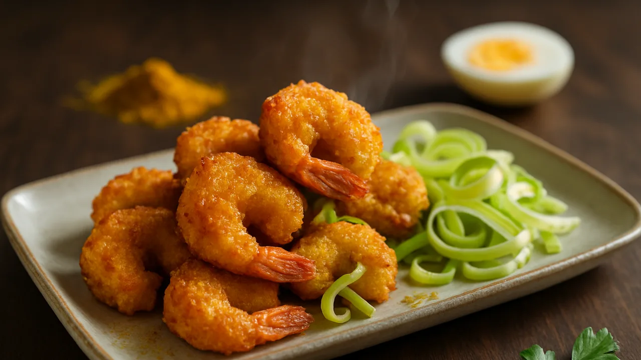 Curry-Garnelen Nuggets mit Lauch aus dem Airfryer mit Garnelen und Ei, auf dunklem Walnussholz angerichtet.
