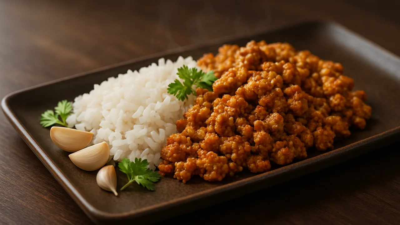 Curry-Geflügelhackfleisch mit Reis aus dem Airfryer mit Gemischtes Geflügelhackfleisch und Zwiebel, auf dunklem Walnussholz …