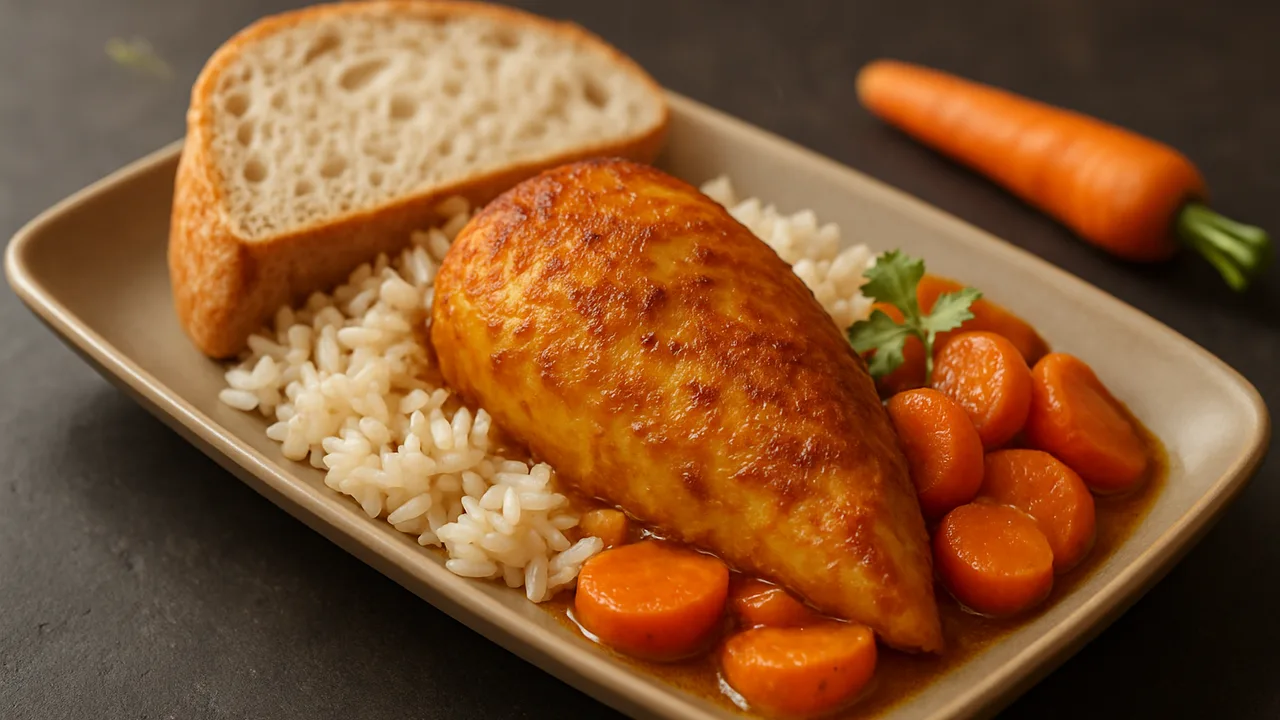Curry-Hähnchenbrust Bowl mit Brot und Karotte aus dem Airfryer mit Hähnchenbrust und Karotten, auf dunklem Schiefer …