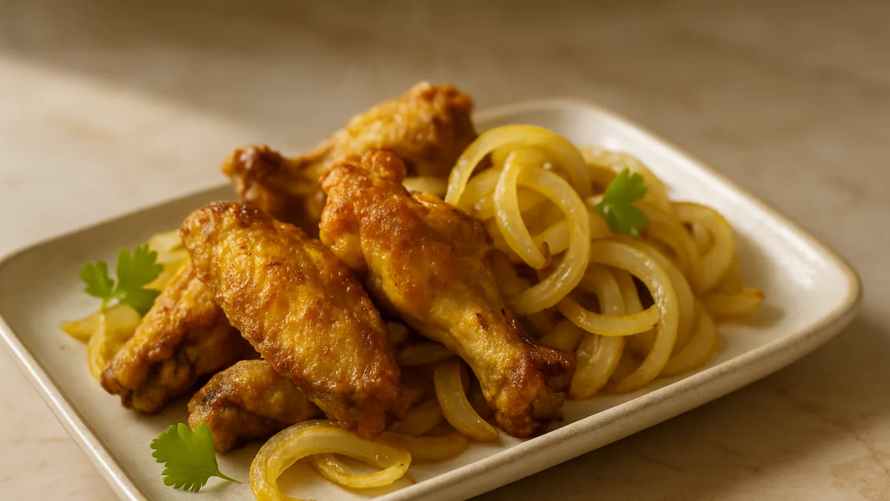 Curry-Hähnchenflügel mit Zwiebel aus dem Airfryer mit Hähnchenflügel und Zwiebeln, auf beigem Marmor angerichtet.