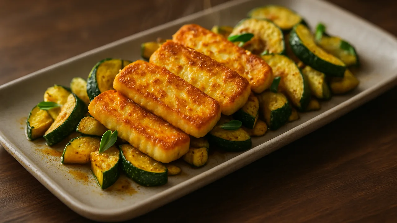 Curry-Halloumi mit Zucchini aus dem Airfryer mit Halloumi und Zucchini, auf dunklem Walnussholz angerichtet.