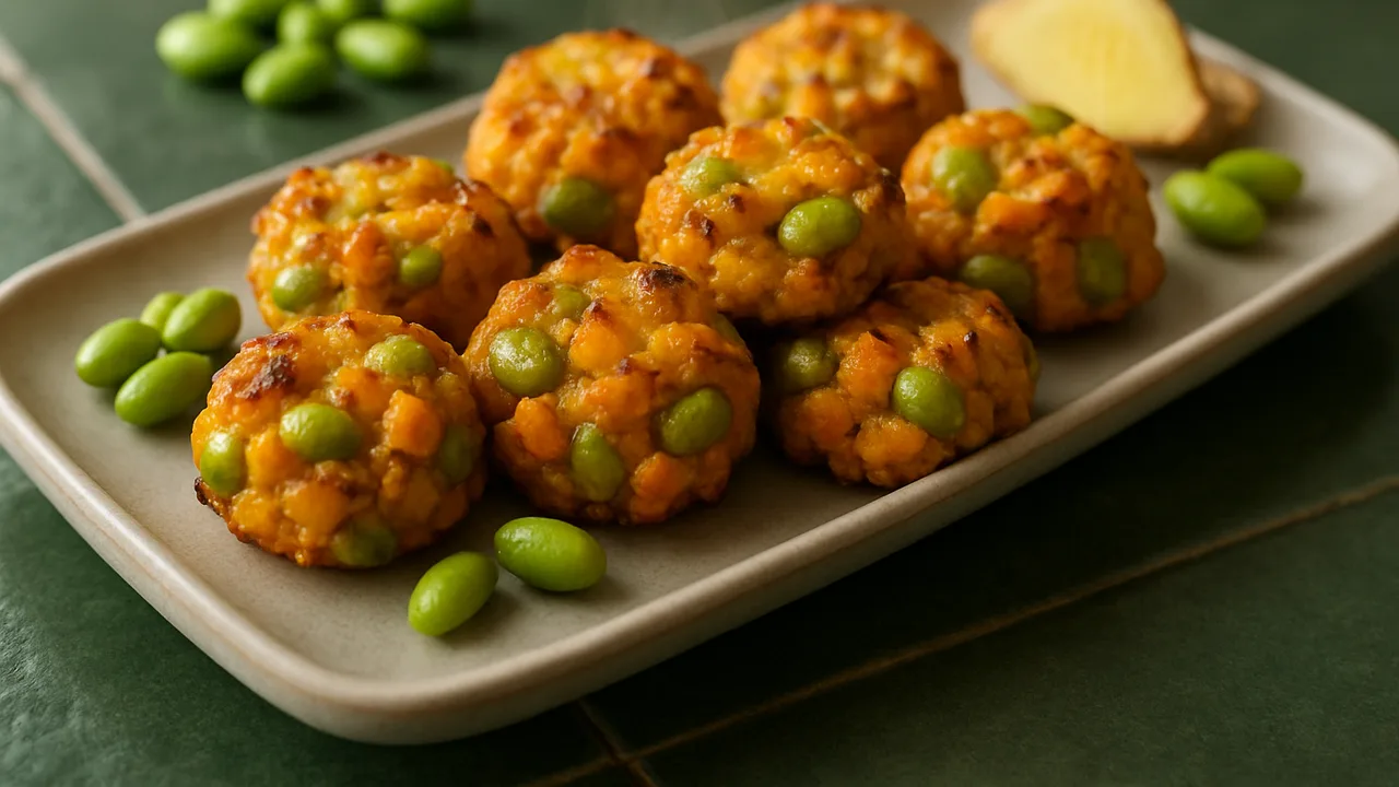 Curry-Ingwer-Edamame-Röstchen aus dem Airfryer mit Edamame (aufgetaut) und Süßkartoffel, auf dunkelgrünen Fliesen …