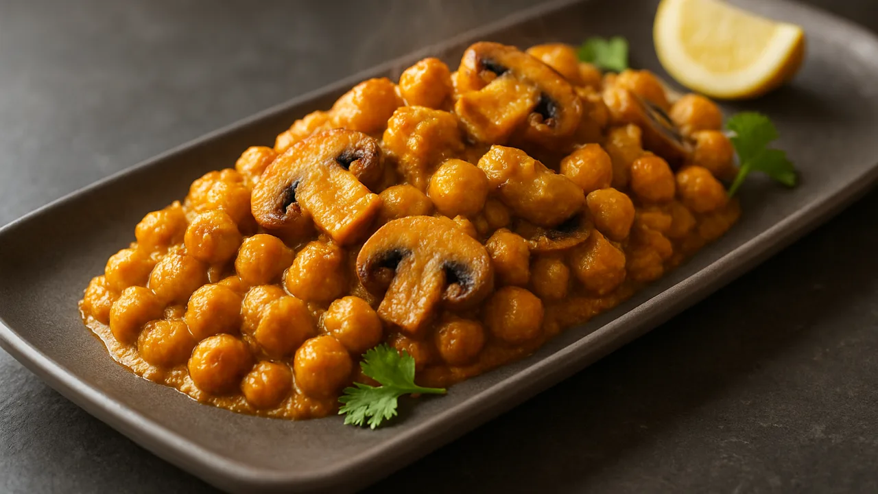Curry-Kichererbsen mit Champignons aus dem Airfryer mit Kichererbsen (aus der Dose, abgetropft) und Champignons, auf …