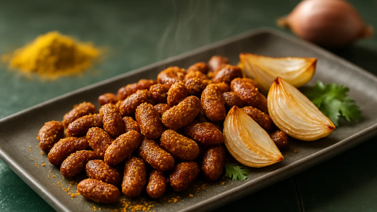 Curry-Kidneybohnen mit Schalotte aus dem Airfryer mit Kidneybohnen und Schalotten, auf dunkelgrünen Fliesen angerichtet.