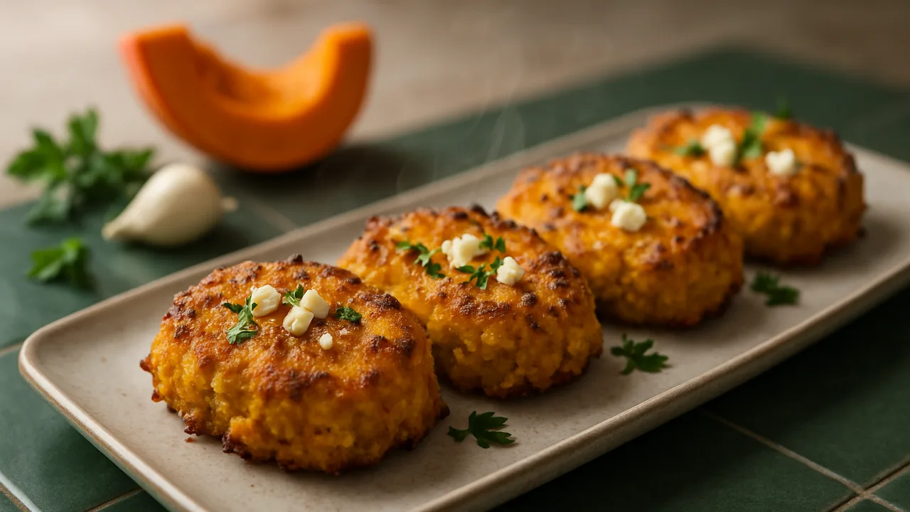 Curry-Kürbis-Feta-Röstchen aus dem Airfryer mit Hokkaido-Kürbis und Zwiebel, auf dunkelgrünen Fliesen angerichtet.
