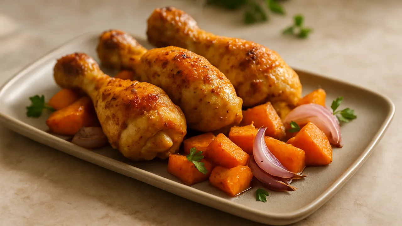 Curry-Kürbis-Hähnchenschenkel-Röstchen aus dem Airfryer mit Hähnchenschenkel und Hokkaido-Kürbis, auf beigem Marmor …