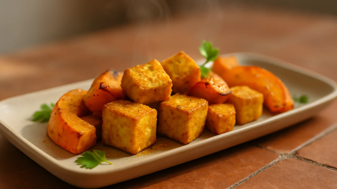 Curry-Kürbis-Tofu-Röstchen aus dem Airfryer mit Tofu und Hokkaido-Kürbis, auf Terracotta-Fliesen angerichtet.