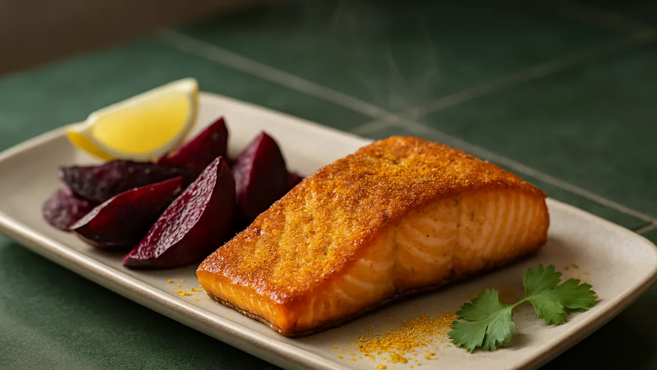 Curry-Lachs mit Rote Bete aus dem Airfryer mit Lachsfilet und Rote Bete, auf dunkelgrünen Fliesen angerichtet.