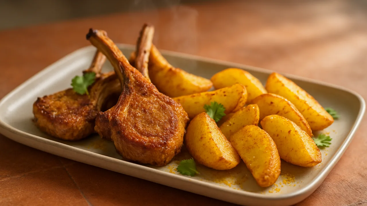 Curry-Lammkotelett mit Kartoffel aus dem Airfryer mit Lammkoteletts und Kartoffeln, auf Terracotta-Fliesen angerichtet.