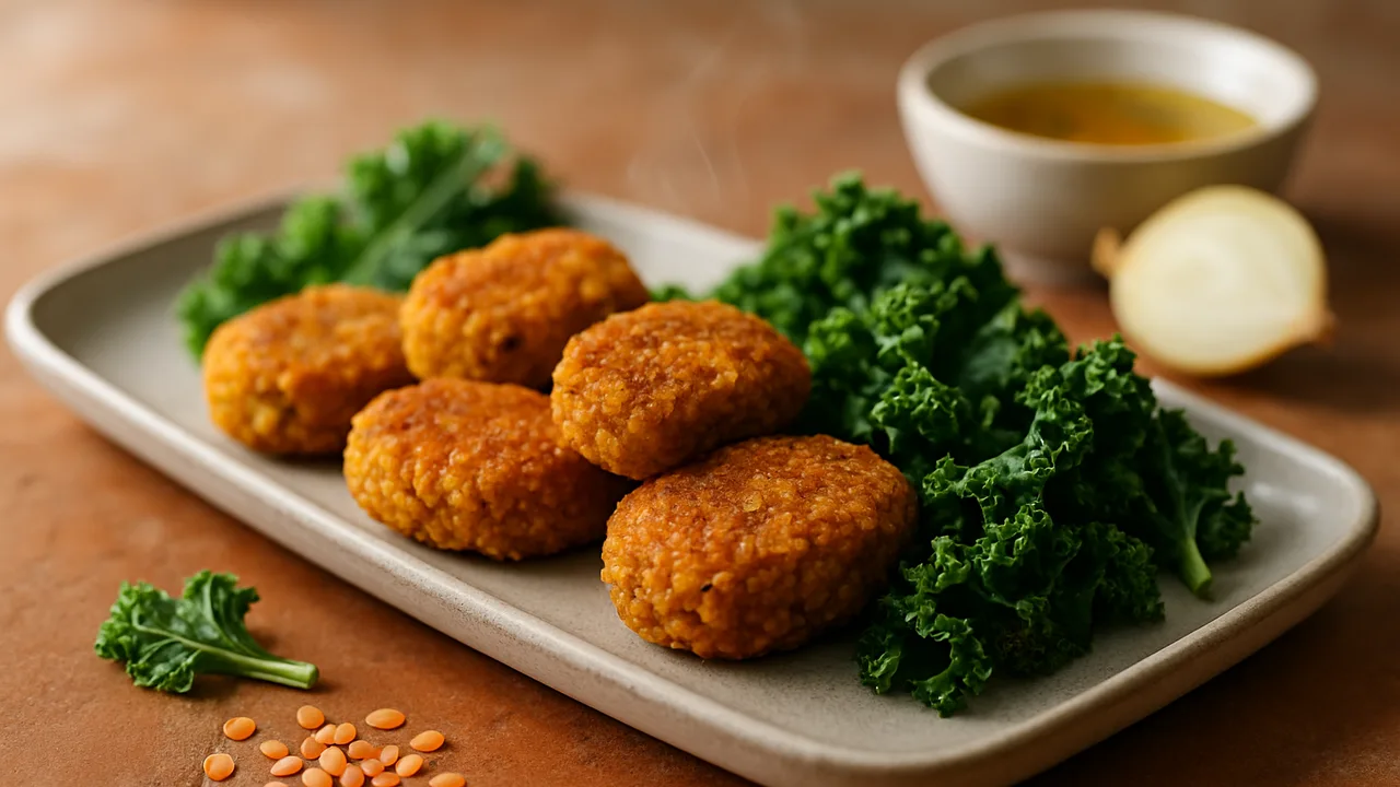 Curry-Linsen Nuggets mit Grünkohl aus dem Airfryer mit rote Linsen und Gemüsebrühe, auf Terracotta-Fliesen angerichtet.