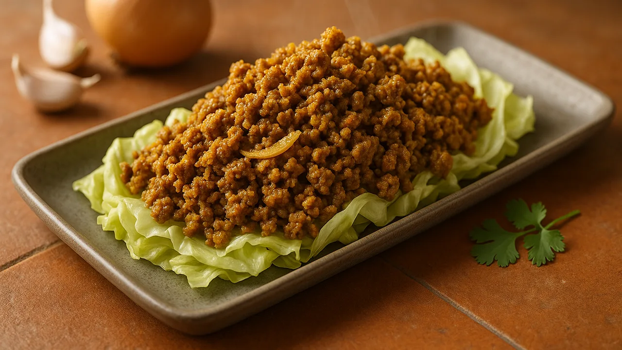 Curry-Rinderhackfleisch-Eisbergsalat-Schale aus dem Airfryer mit Rinderhackfleisch und Zwiebel, auf Terracotta-Fliesen …