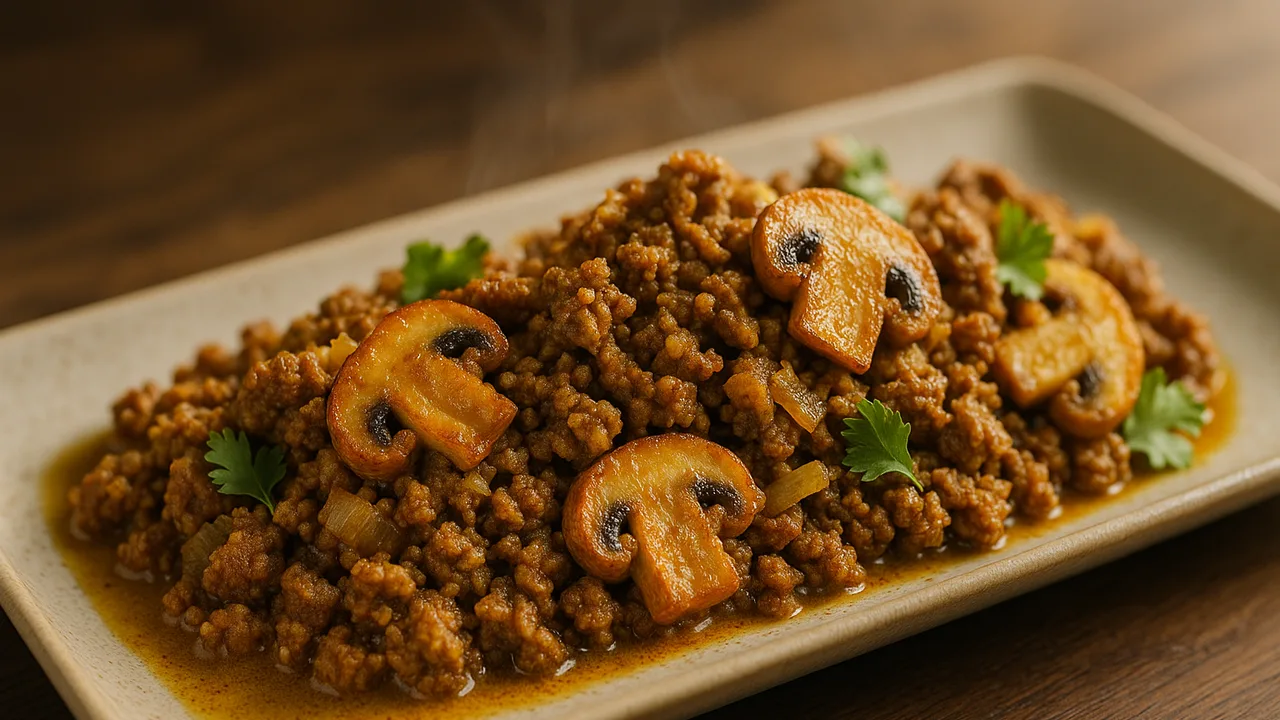 Curry-Rinderhackfleisch mit Champignons aus dem Airfryer mit Rinderhackfleisch und Champignons, auf dunklem Walnussholz …