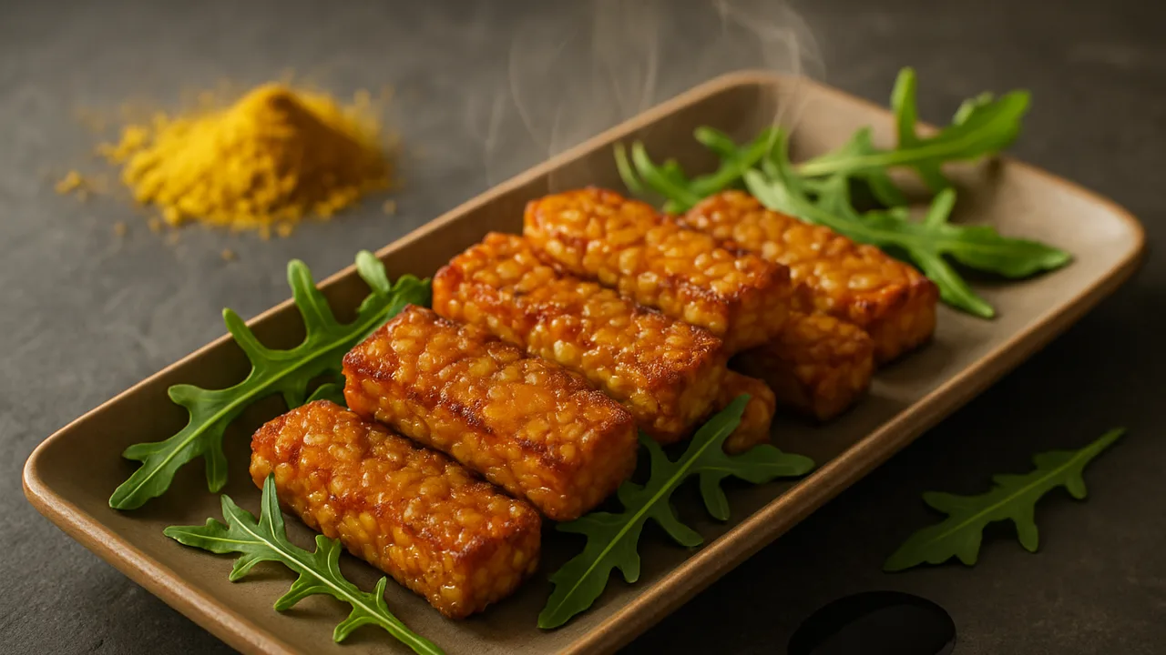 Curry-Rucola-Tempeh-Röstchen aus dem Airfryer mit Tempeh und Currypulver, auf dunklem Schiefer angerichtet.