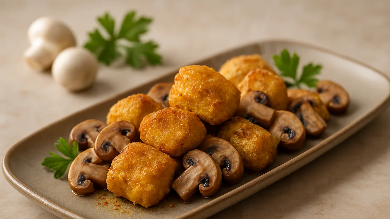 Curry-Schweinefilet Nuggets mit Champignons aus dem Airfryer mit Schweinefilet und Currypulver, auf beigem Marmor …
