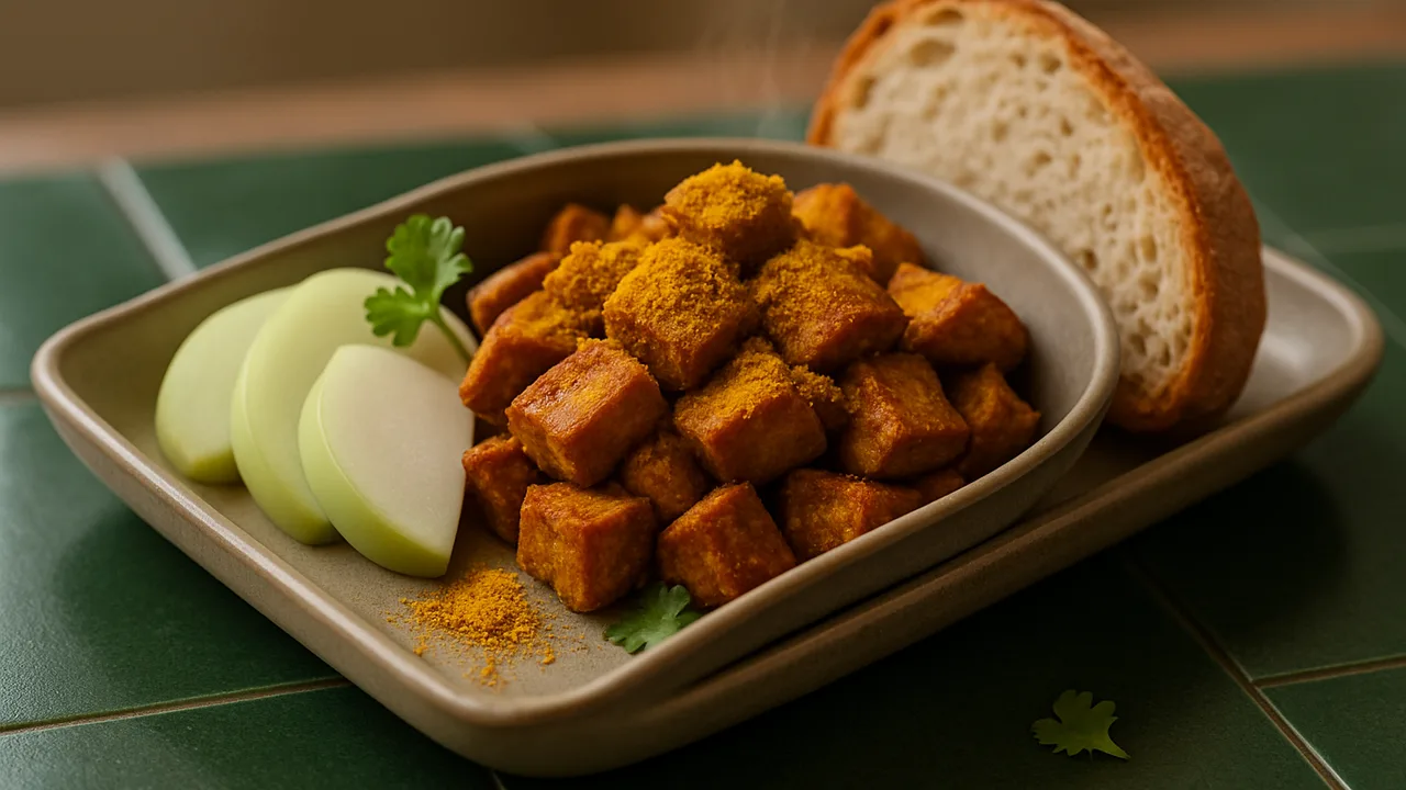Curry-Seitan Bowl mit Brot und Kohlrabi aus dem Airfryer mit Seitan und Currypulver, auf dunkelgrünen Fliesen angerichtet.