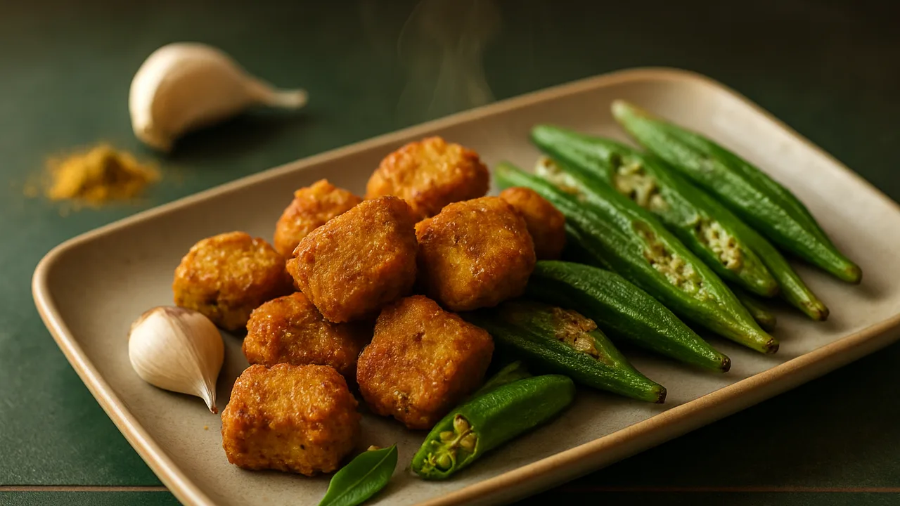 Curry-Seitan Nuggets mit Okra aus dem Airfryer mit Seitan und Currypulver, auf dunkelgrünen Fliesen angerichtet.
