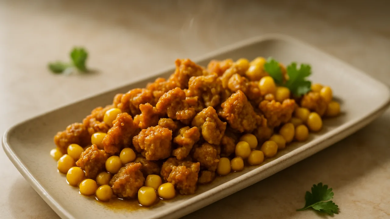 Curry-Sojaschnetzel-Mais-Schale aus dem Airfryer mit Sojaschnetzel (getrocknet) und Gemüsebrühe, auf beigem Marmor …