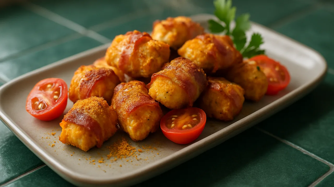 Curry-Speck Nuggets mit Tomate aus dem Airfryer mit Hähnchenbrust und Speckscheiben, auf dunkelgrünen Fliesen angerichtet.