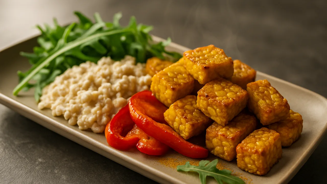 Curry-Tempeh Bowl mit Haferflocken und Rucola aus dem Airfryer mit Tempeh und Currypulver, auf dunklem Schiefer angerichtet.